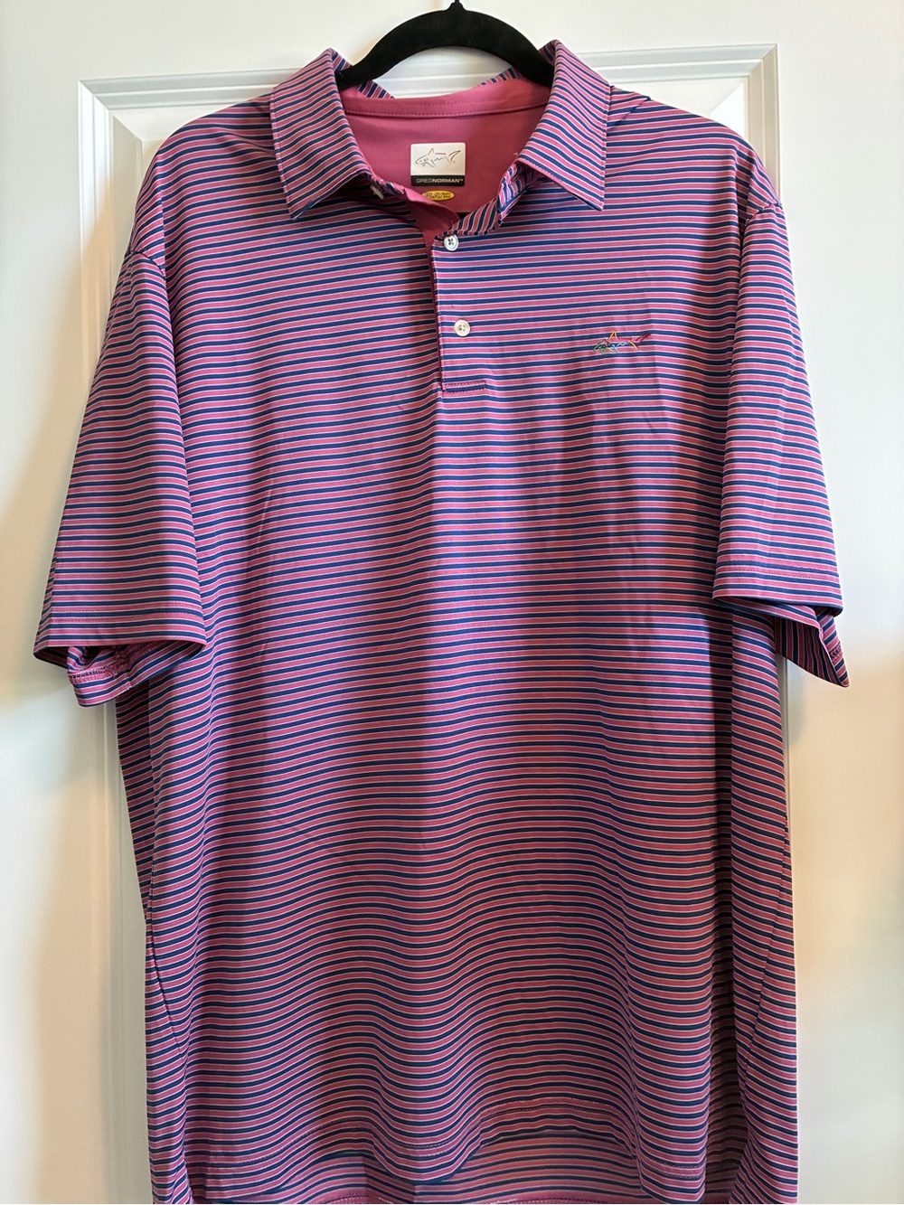 Greg Norman Golf Men's Pink & Navy Striped Polo
